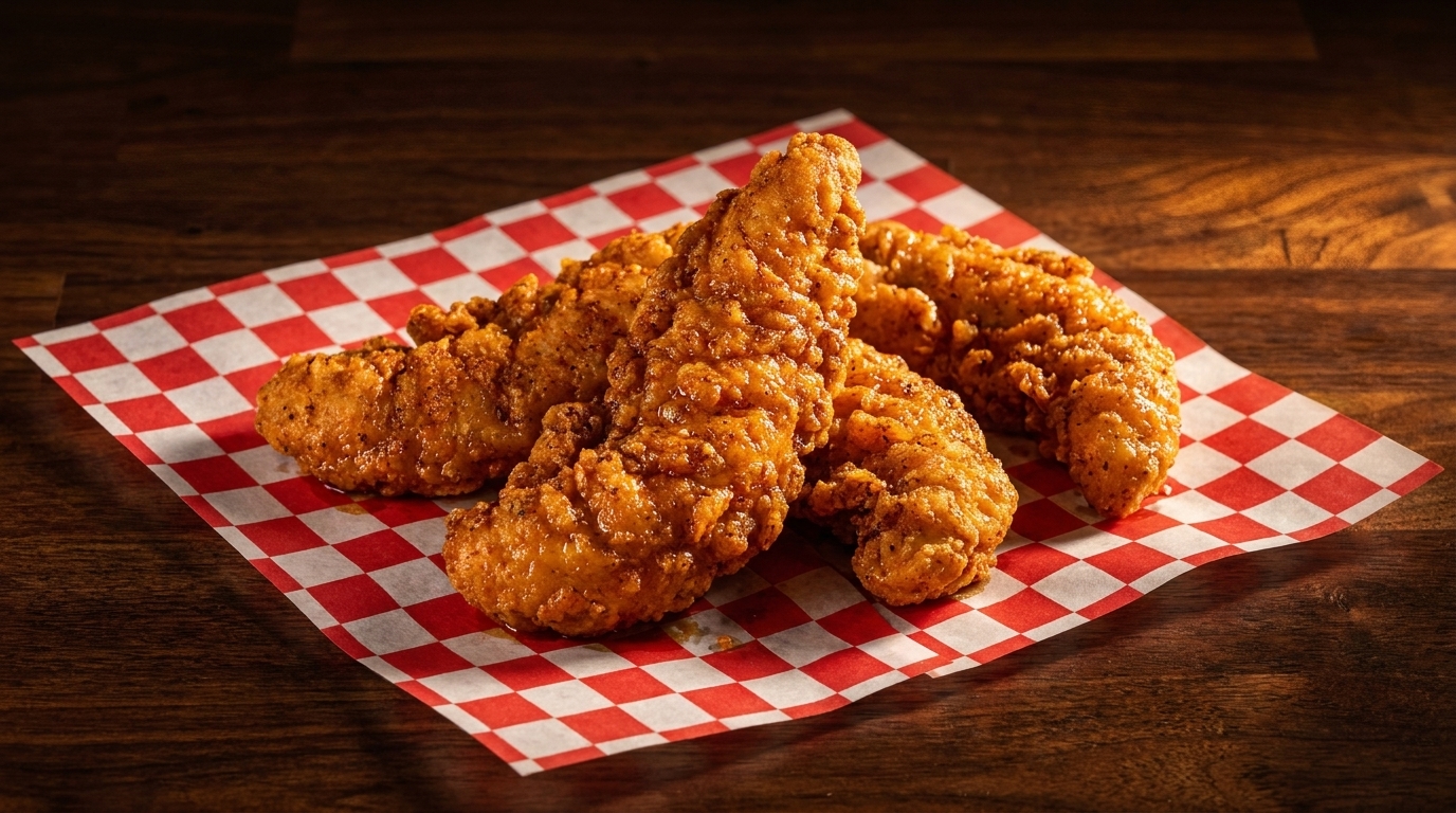 Crispy fried chicken tenders on red and white checkered paper, on a dark wooden table.