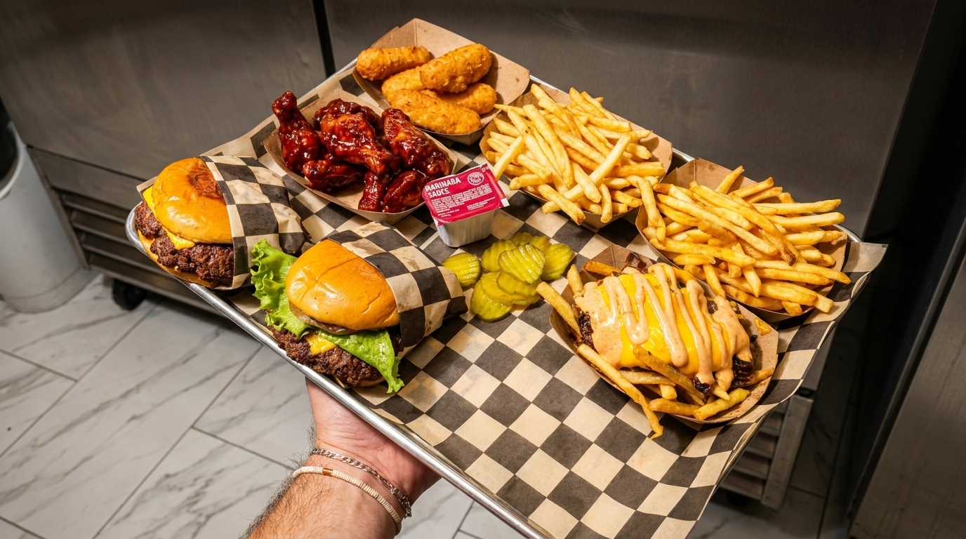 A hand holds a tray with two burgers, chicken wings, fries, cheese curds, and pickles.