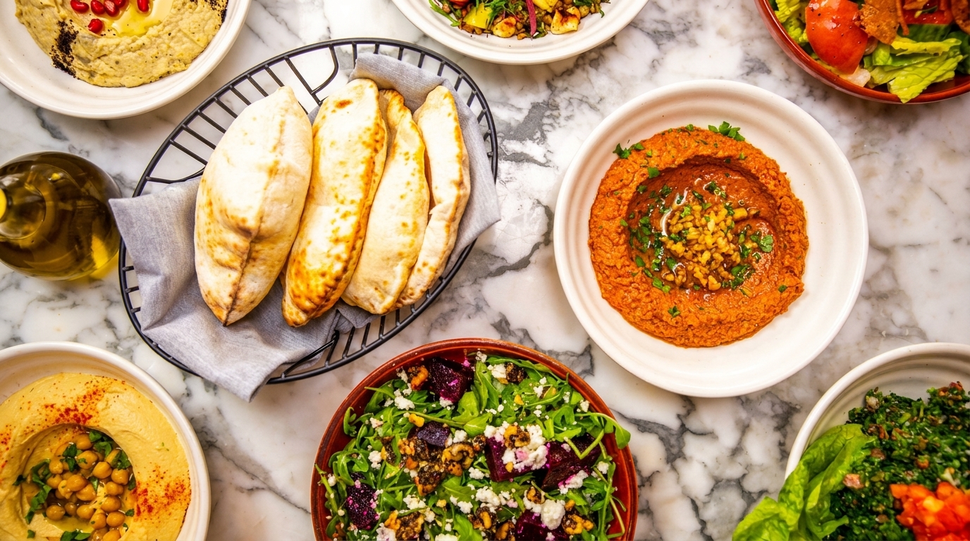 Overhead view of a marble table laden with various Mediterranean dishes, including hummus, pita, and salads.