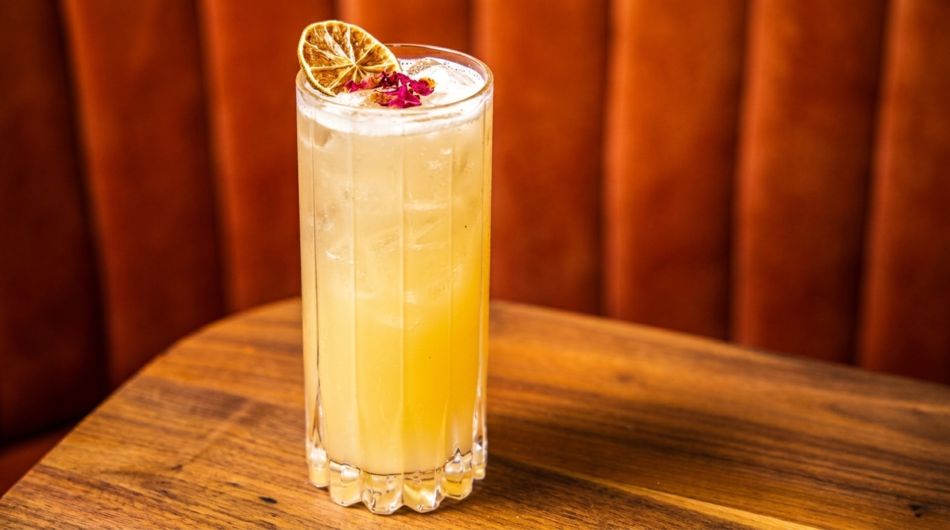 Tall glass of light yellow cocktail with ice, dried citrus, and rose petals on a wooden table.