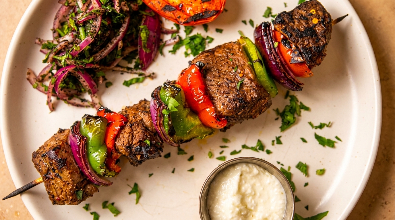 Grilled beef and vegetable shish kebab with red onion salad and white dipping sauce on a plate.