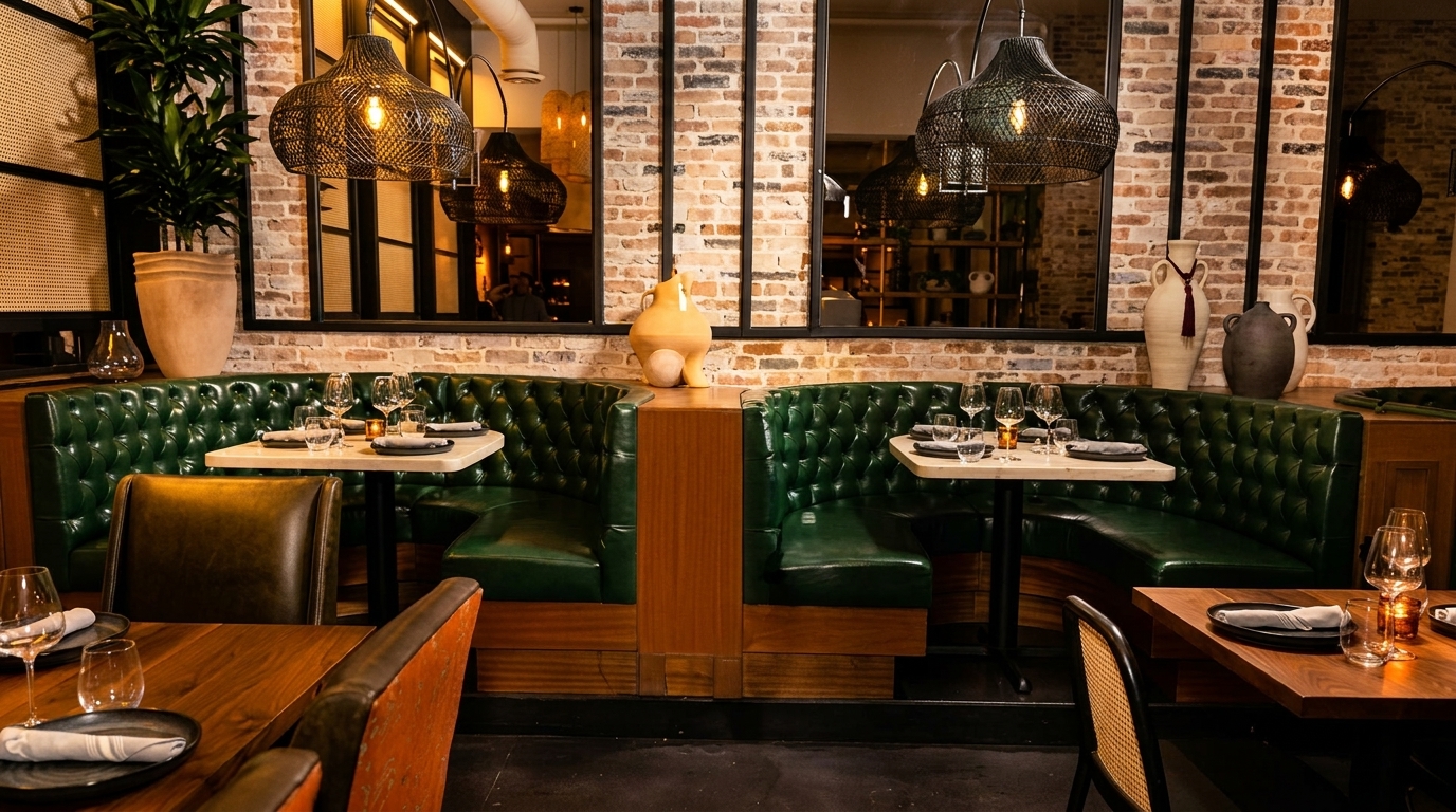 Restaurant interior with green leather booths, set tables, exposed brick walls, and woven pendant lights.