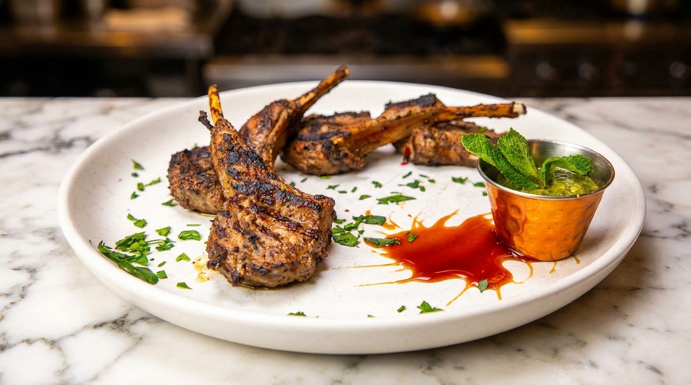 Grilled lamb chops with a side of green sauce and a red drizzle on a white plate.