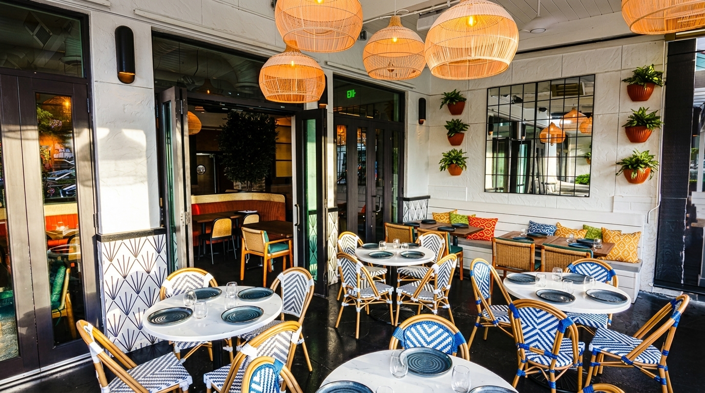 An inviting outdoor patio with rattan chairs, white tables, and warm lighting, reflecting in large windows.