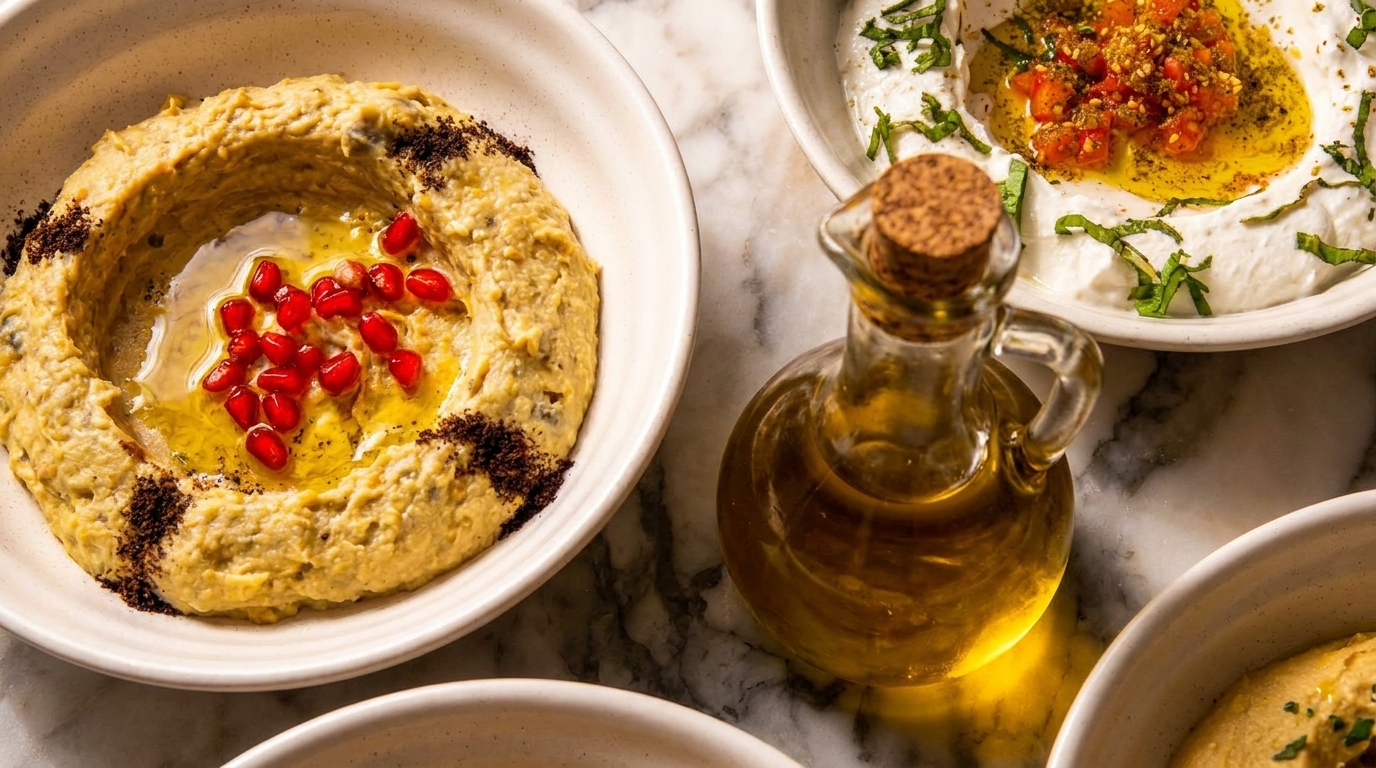 Baba Ghanoush with pomegranate seeds and olive oil, alongside other dips and an oil cruet.
