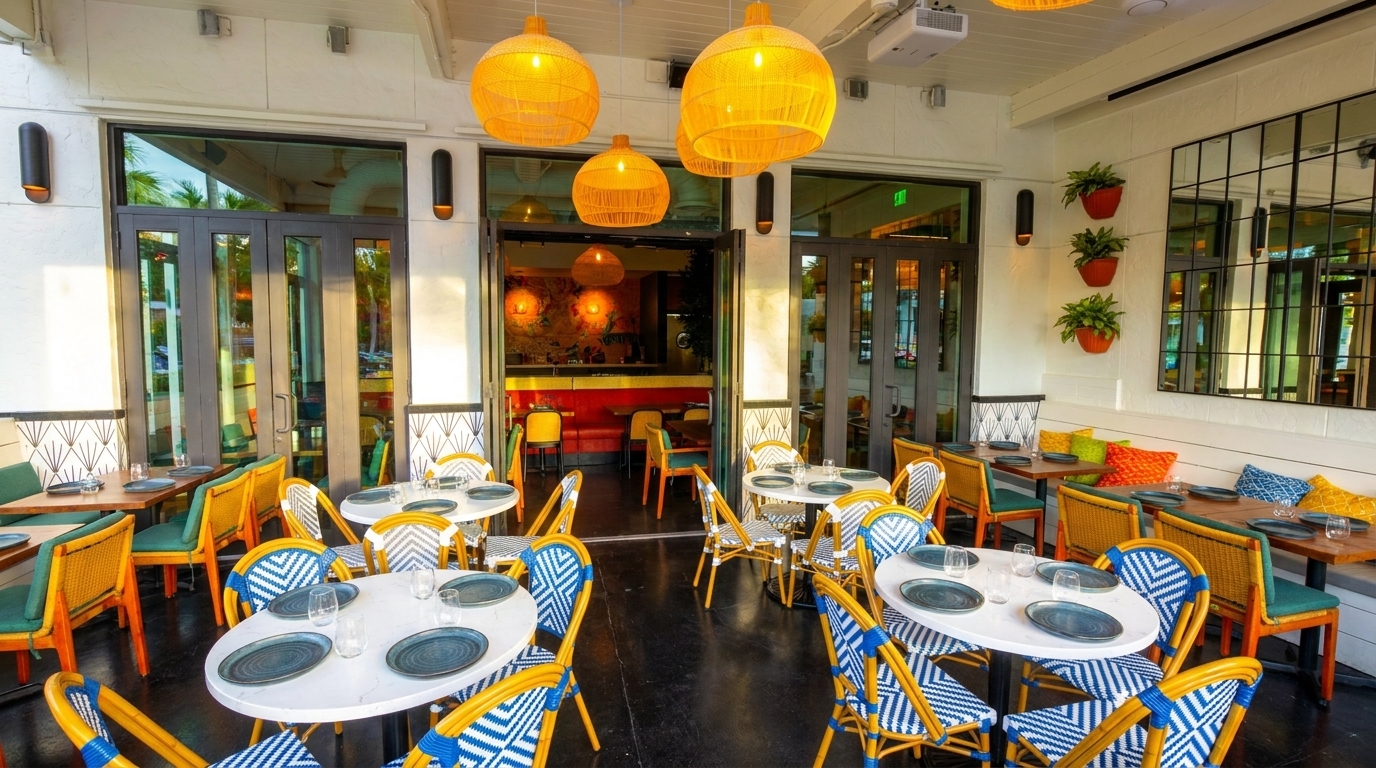 Vibrant restaurant patio with blue and white chairs, white tables, and yellow hanging lights.