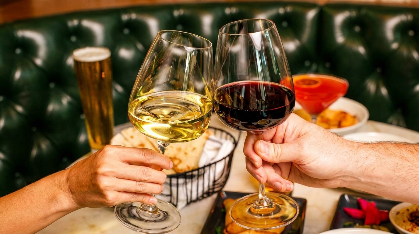 Two people toasting with glasses of red and white wine at a restaurant table.