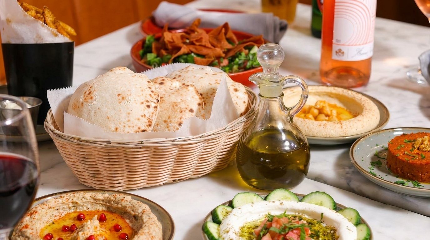A table laden with Middle Eastern dishes, including pita bread, hummus, and various dips.