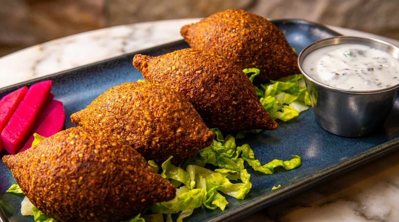 Four fried kibbeh on lettuce with pickled turnips and a side of yogurt sauce.