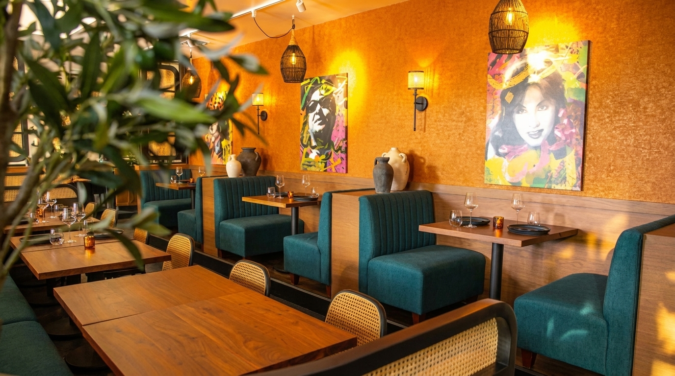 Restaurant interior with teal booths, wooden tables, orange walls, and colorful pop art.