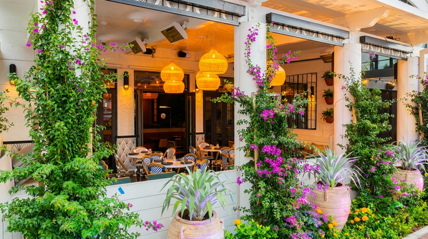 Outdoor restaurant patio with wicker chairs, round tables, and lush green plants with purple flowers.