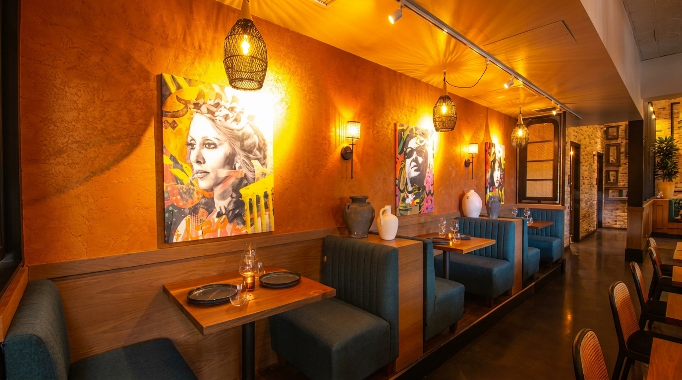 Restaurant interior with orange walls, modern art, teal booths, wooden tables, and warm lighting.