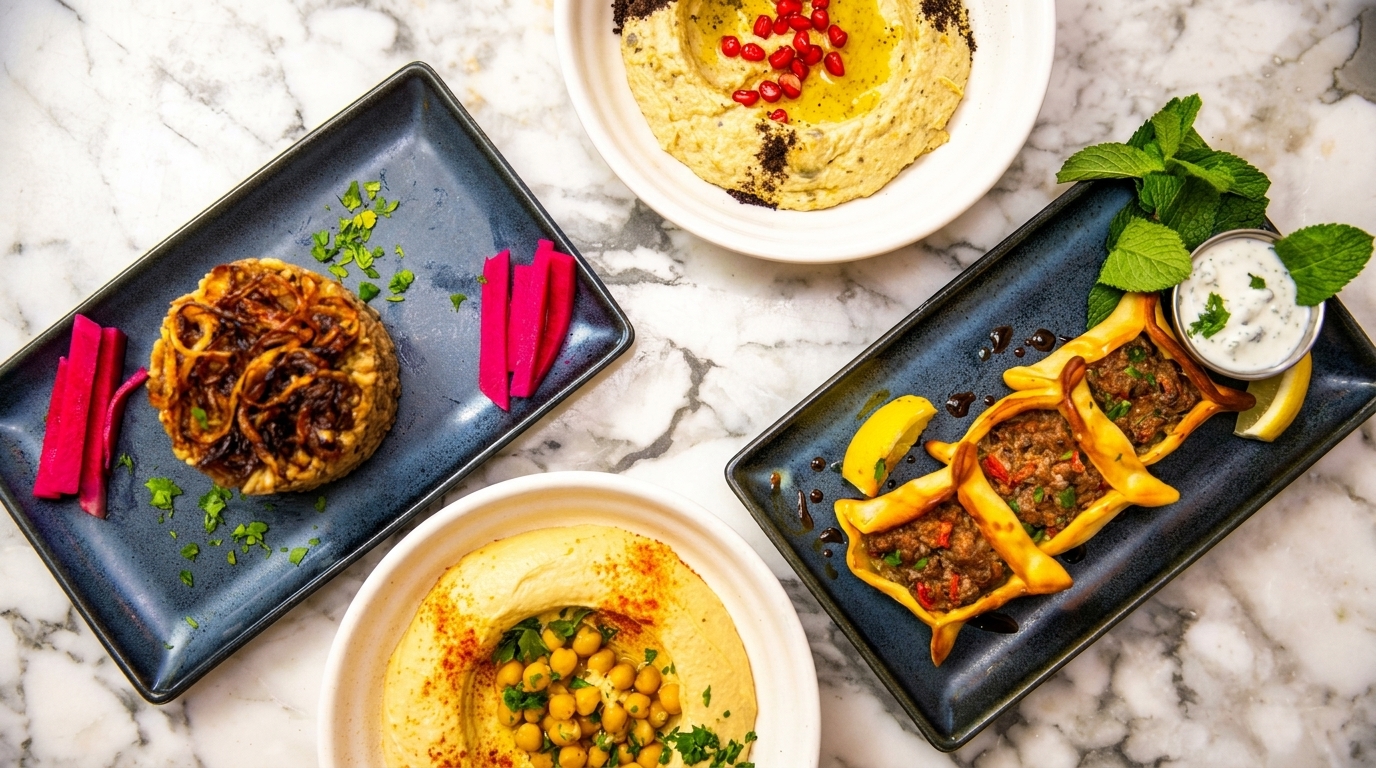 Overhead view of four Middle Eastern dishes on a marble table, including hummus and meat pastries.