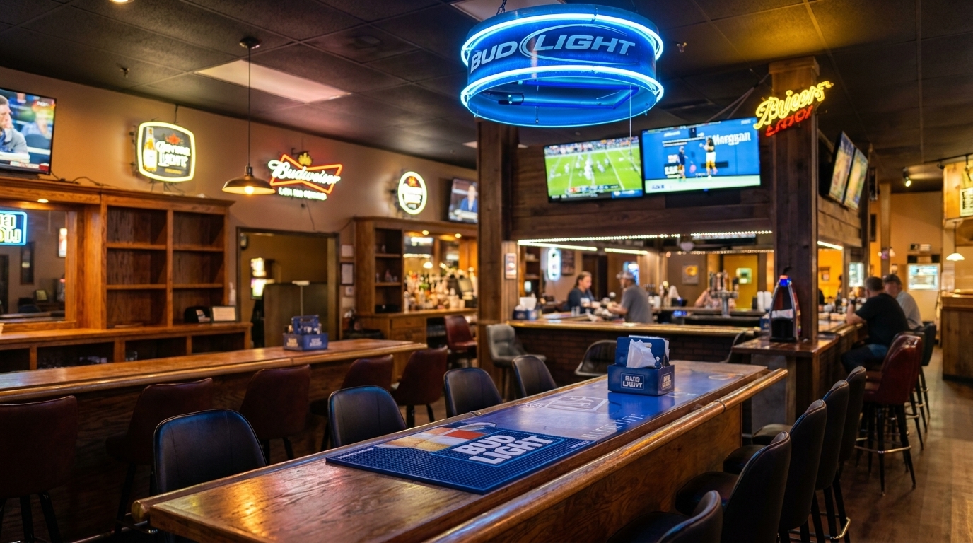 A lively bar interior with multiple screens showing sports, neon signs, and patrons enjoying drinks.