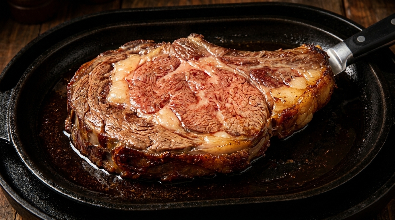 Perfectly cooked prime rib steak, medium rare, in a sizzling cast iron skillet with a knife.