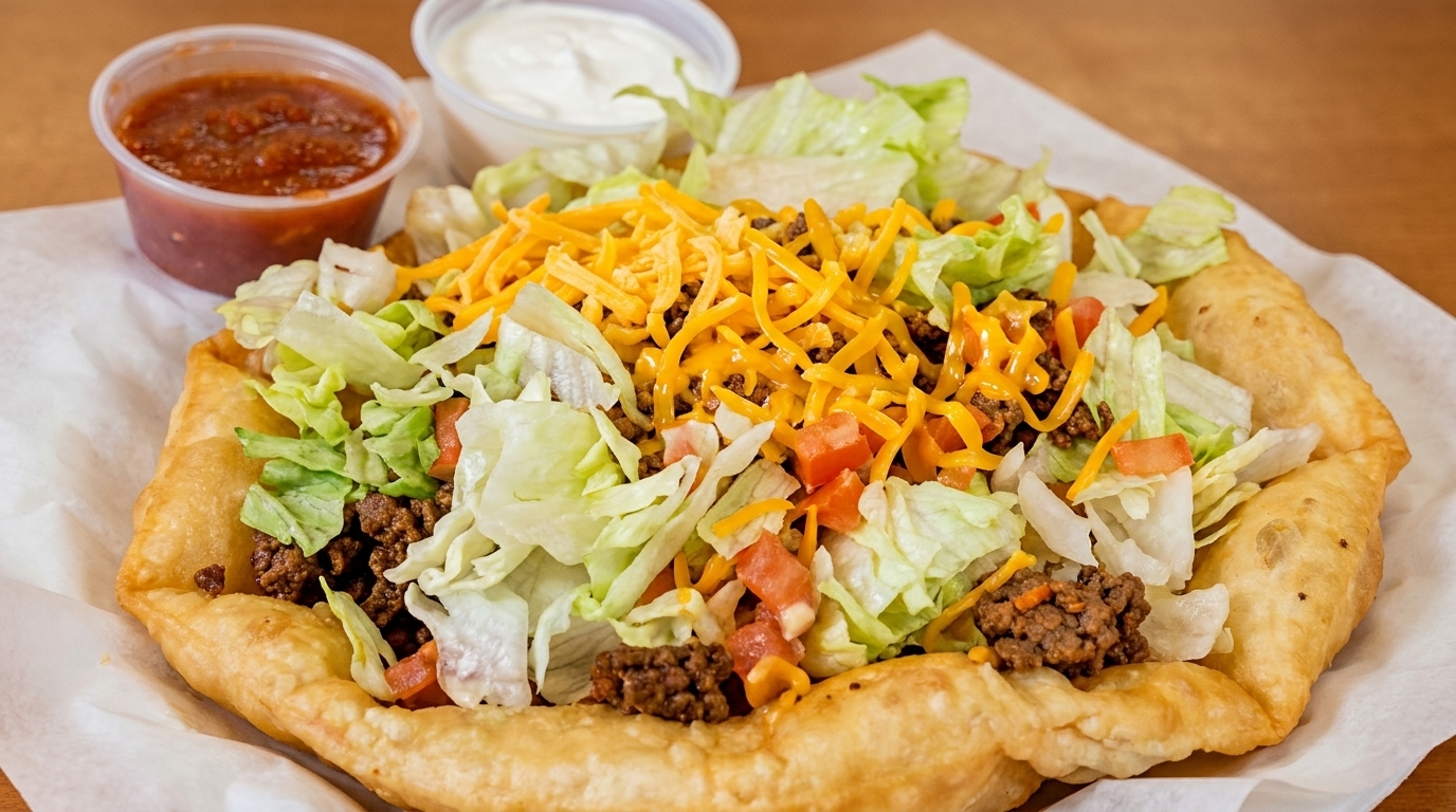 Fry bread taco with ground beef, lettuce, tomatoes, cheese, salsa, and sour cream.