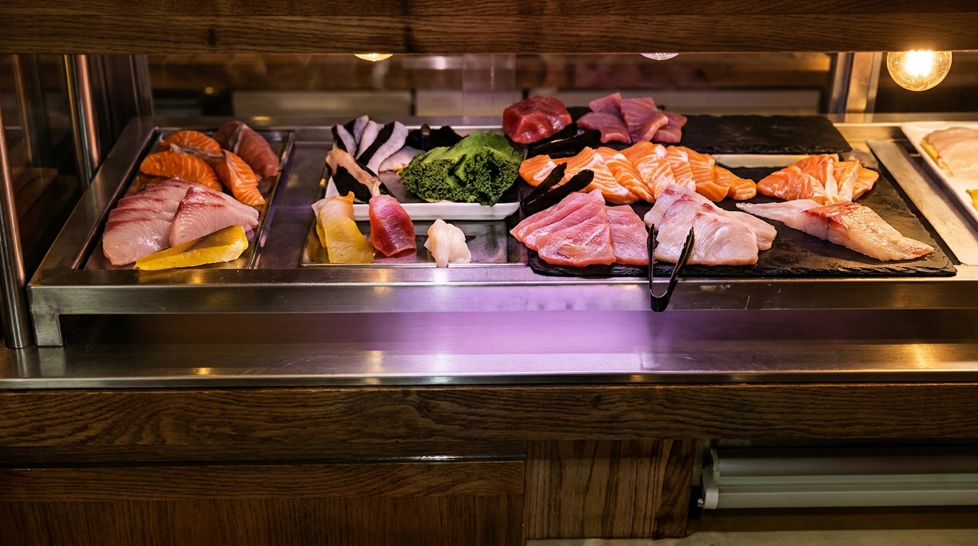 A refrigerated display case filled with various cuts of fresh fish, including salmon and tuna, for sushi.