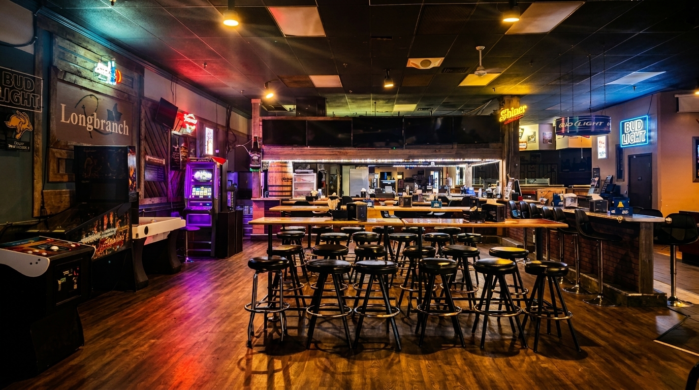 Longbranch restaurant interior with bar stools, arcade games, and neon signs under dim lighting.