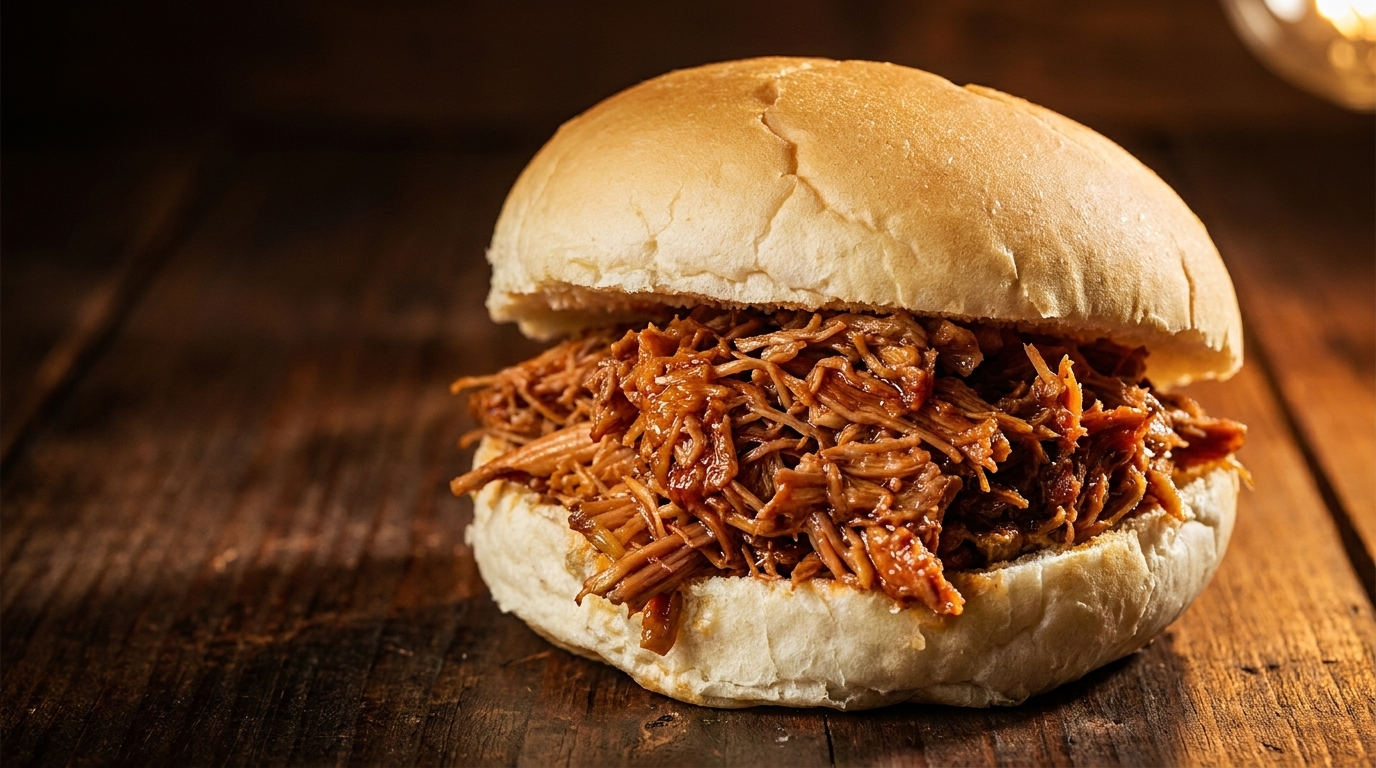 Close-up of a pulled pork sandwich on a white bun, resting on a rustic wooden surface.