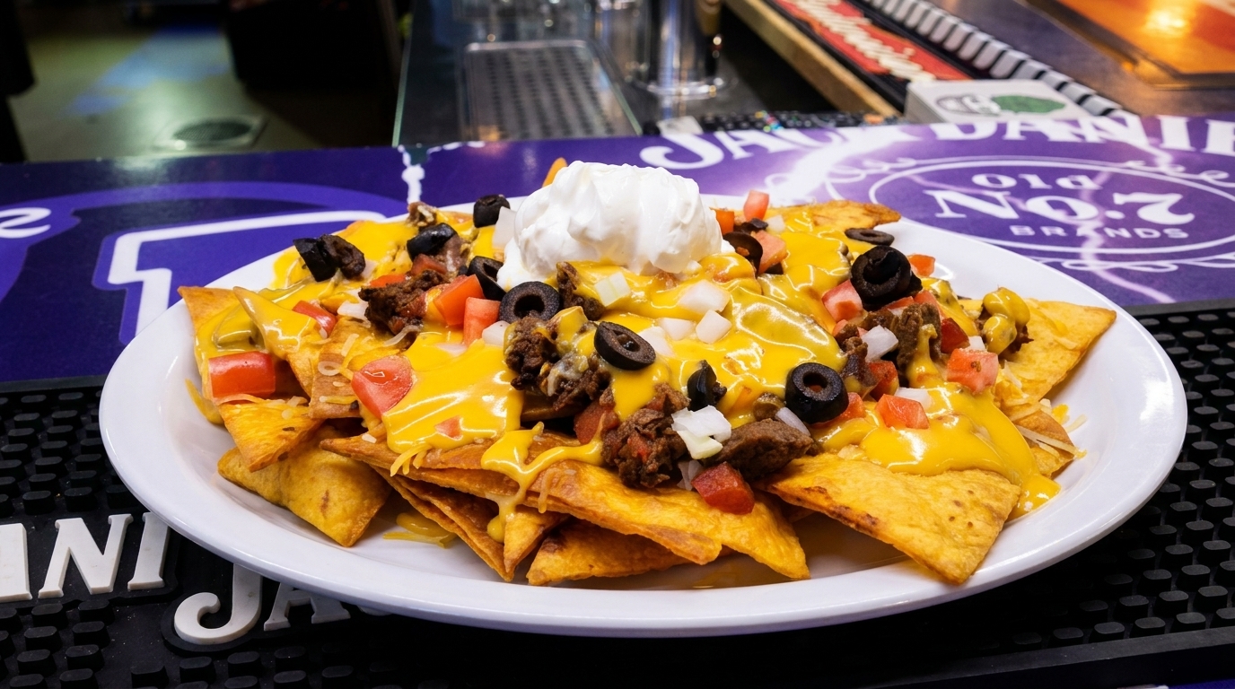 Loaded nachos with cheese, ground beef, olives, tomatoes, onions, and sour cream on a bar.