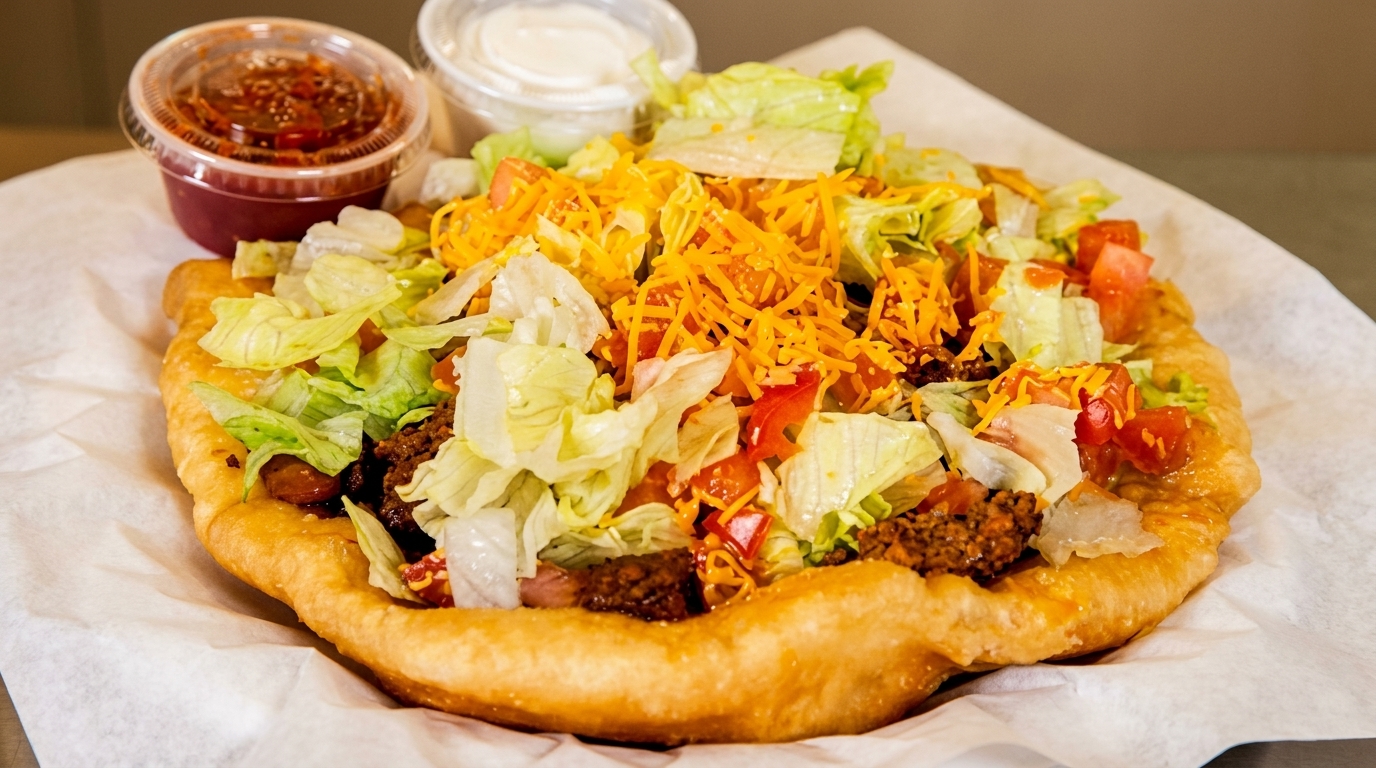 Fry bread taco with ground beef, lettuce, tomatoes, and shredded cheese, with salsa and sour cream.