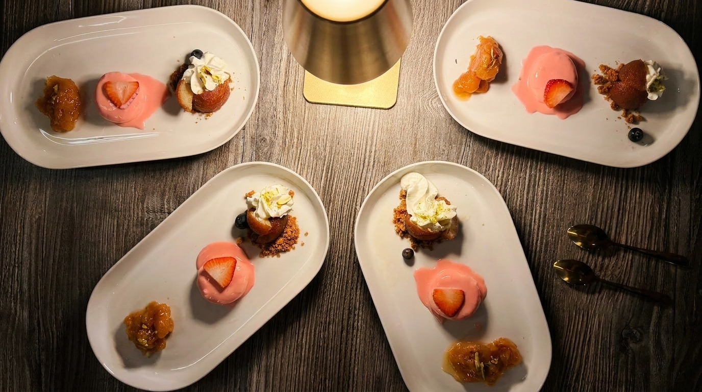 Four plates of desserts with pink panna cotta, baba au rhum, and fruit compote on a wooden table.