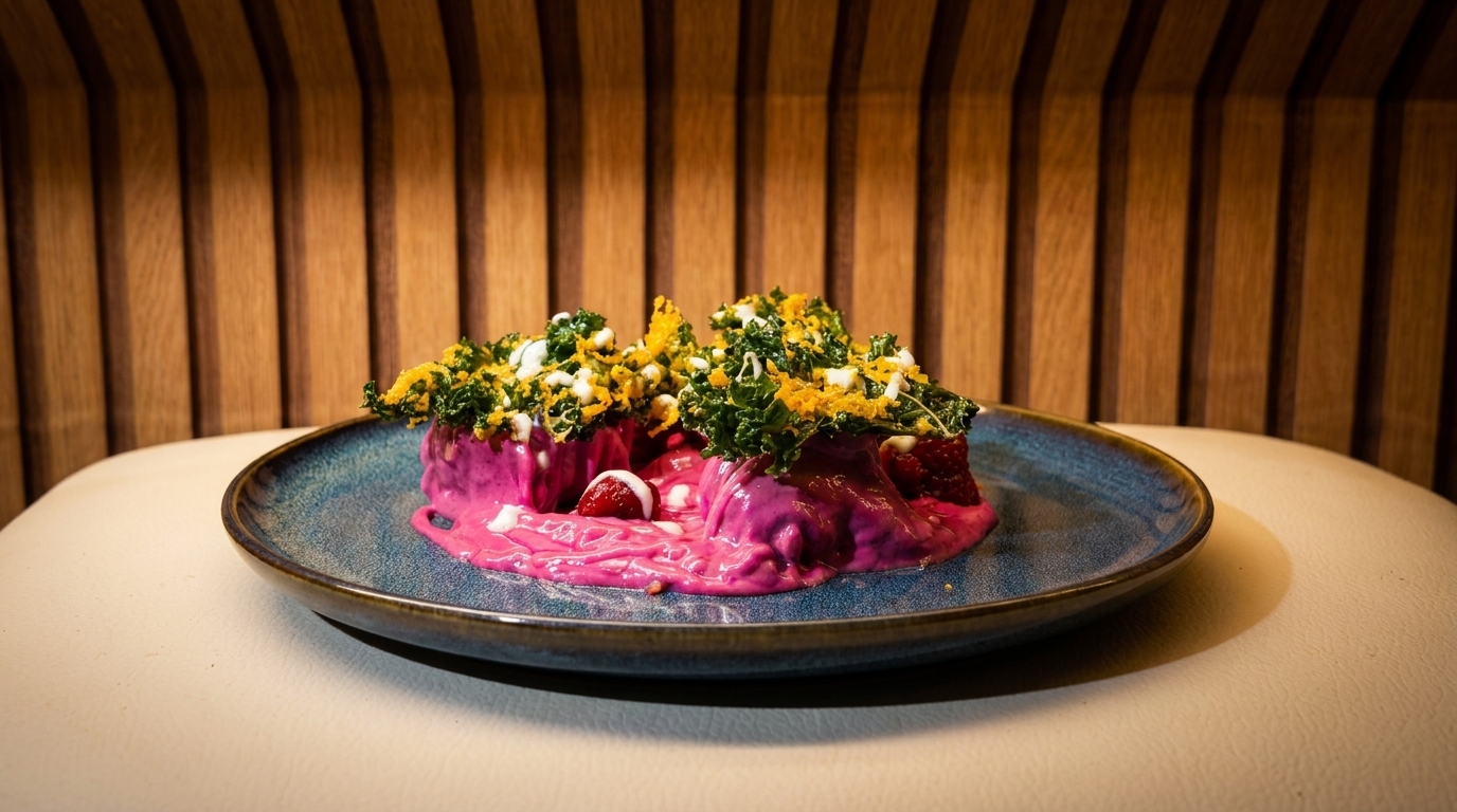 Vibrant pink dish with green kale, yellow crumble, and white sauce on a blue plate.