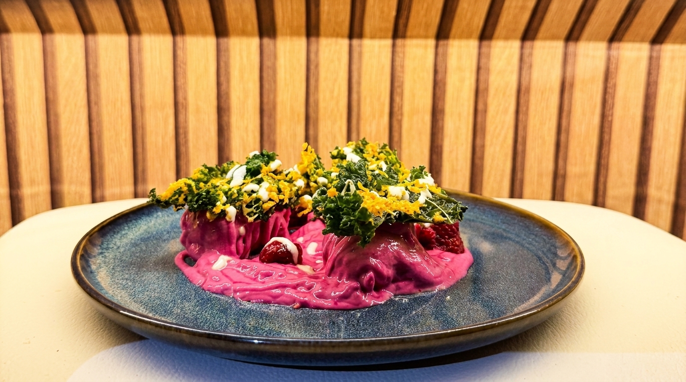 Pink beet-filled pasta with green kale, yellow crumble, and white sauce on a blue plate.