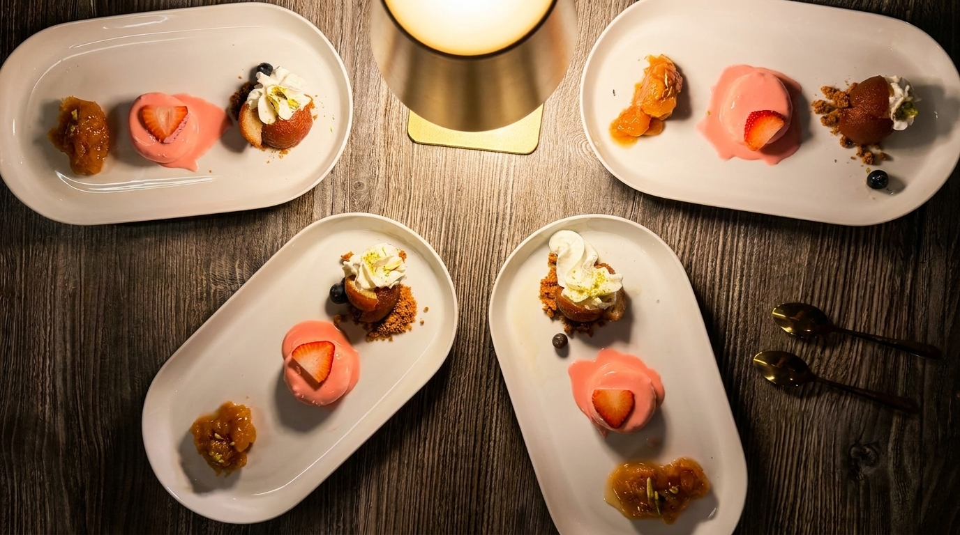 Four plates of desserts, each with pink panna cotta, a small cake, and fruit compote.