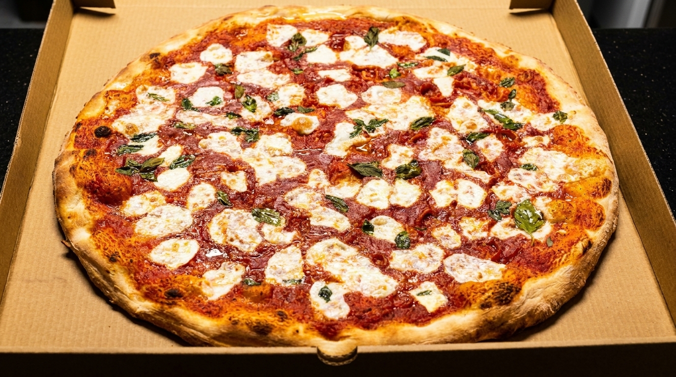 A freshly baked Margherita pizza with melted mozzarella, red sauce, and basil in a cardboard box.