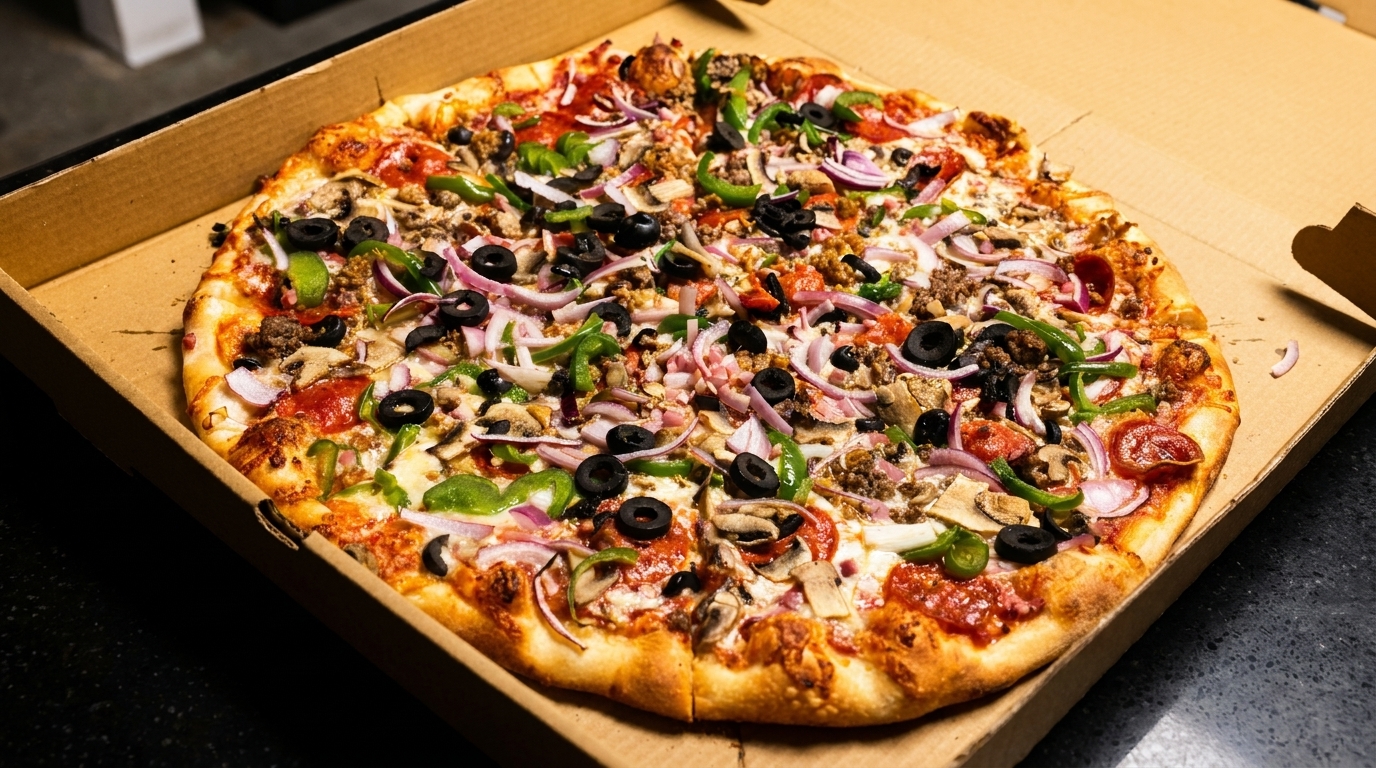 A whole supreme pizza with pepperoni, sausage, olives, onions, and peppers in a cardboard box.