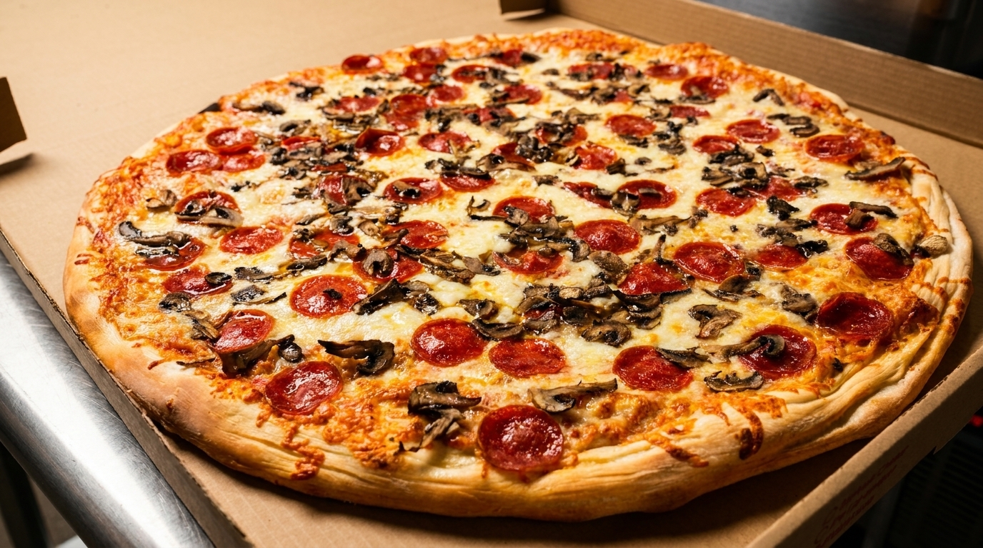 A whole pepperoni and mushroom pizza in a cardboard delivery box, ready to eat.