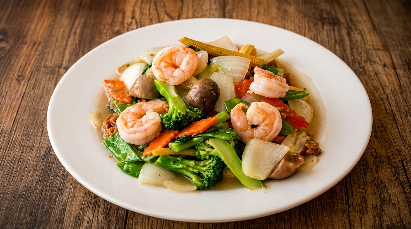 A white plate of stir-fried shrimp and colorful vegetables, including broccoli, carrots, and baby corn.