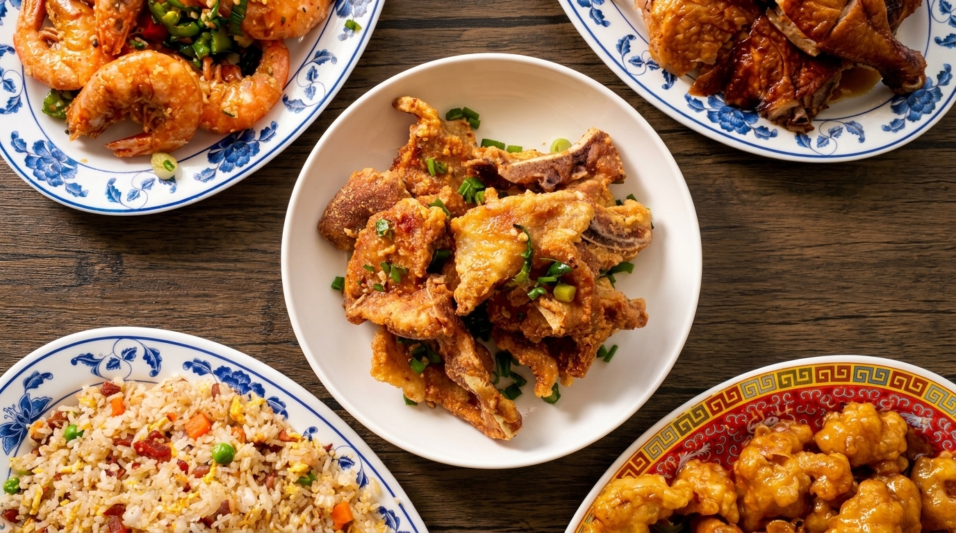 Overhead view of a wooden table laden with various Chinese dishes, including fried rice, shrimp, and chicken.