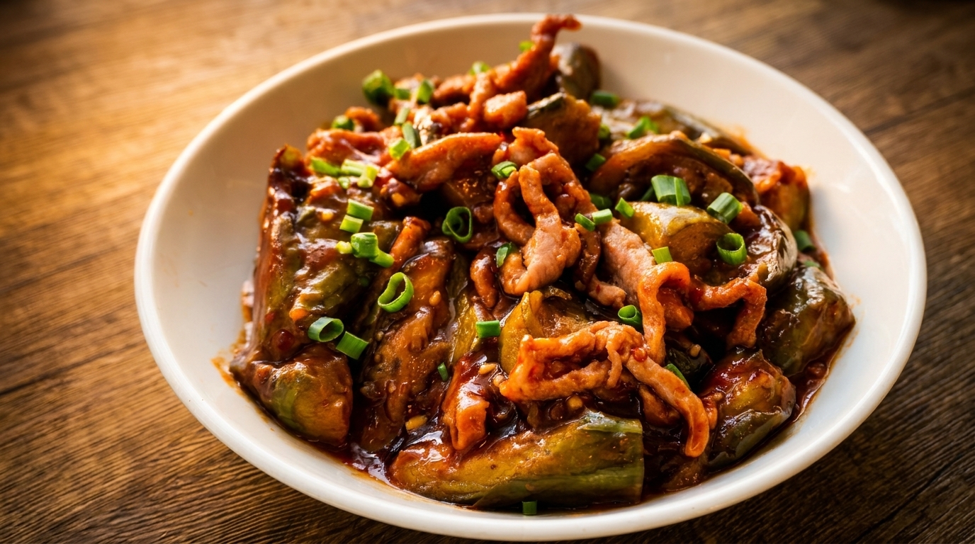 A white bowl filled with stir-fried eggplant and pork, garnished with chopped green onions.