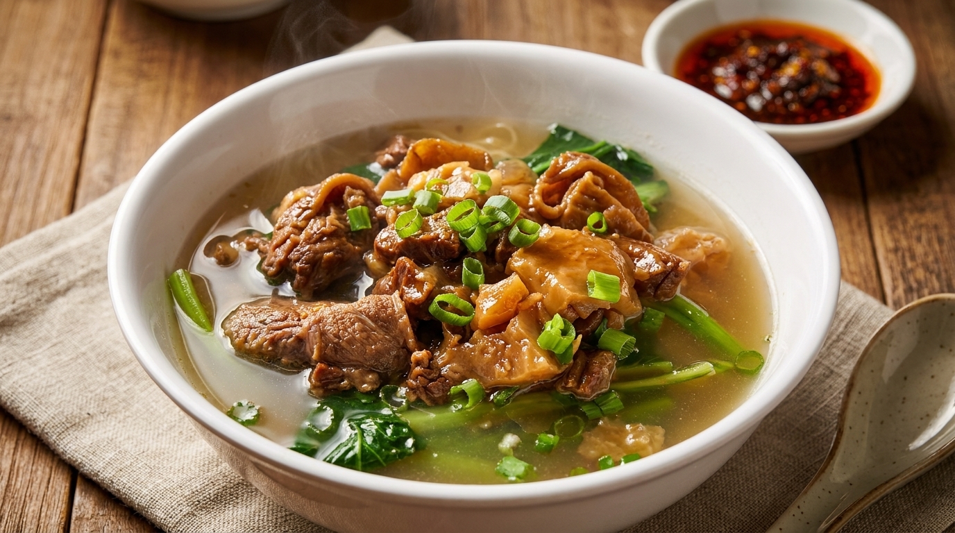 Steaming bowl of beef noodle soup with green onions and bok choy, with chili oil in the background.
