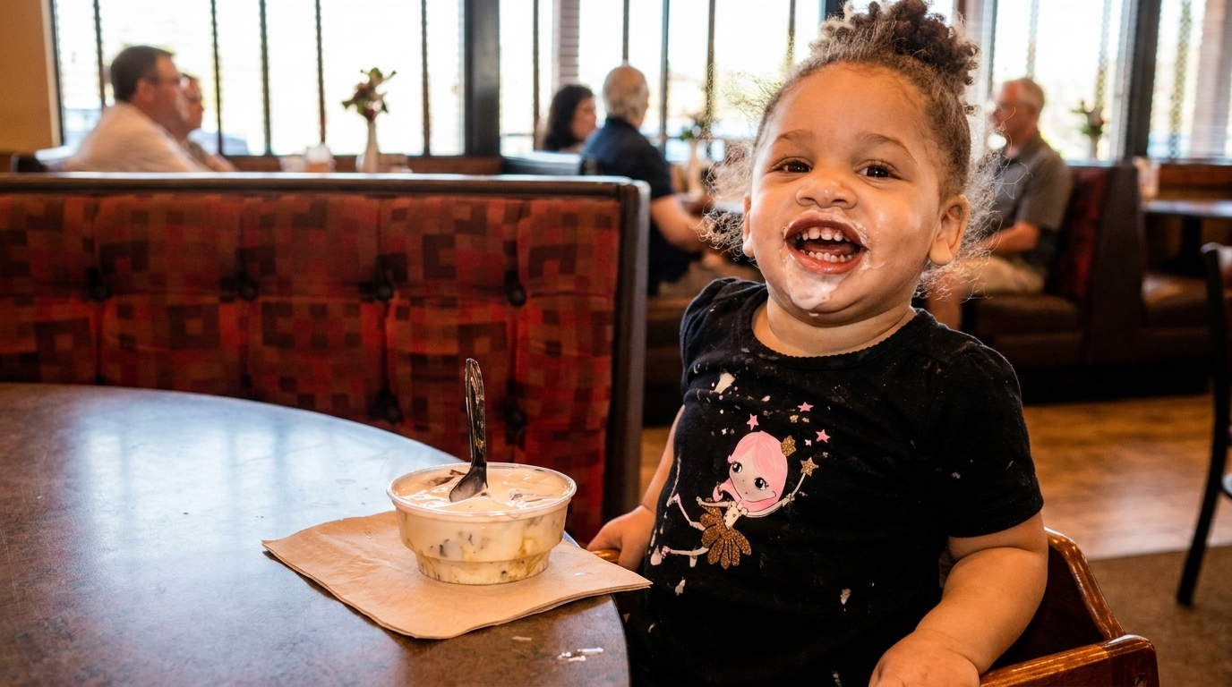 A happy child with ice cream on their face and shirt, sitting at a restaurant table.