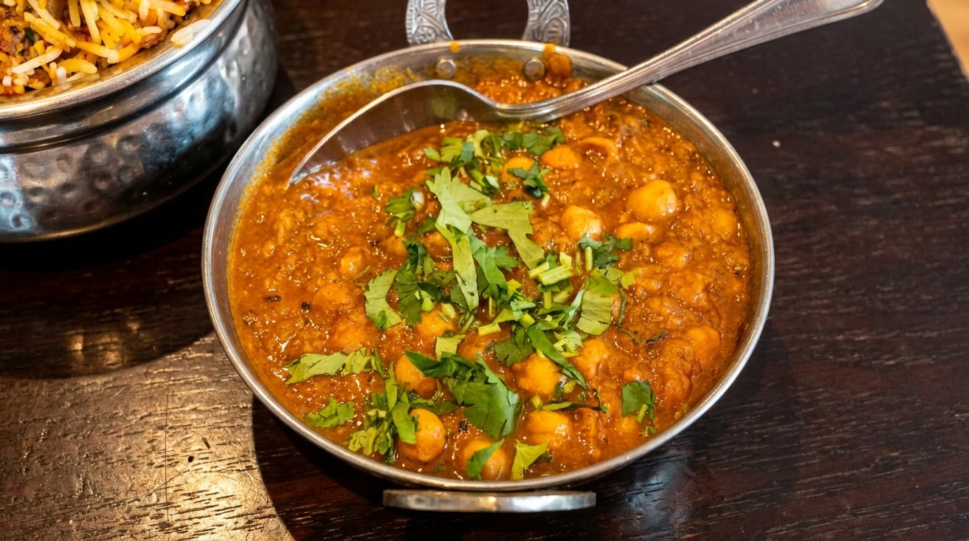 A metal bowl of chana masala, garnished with fresh cilantro, and a spoon rests inside.