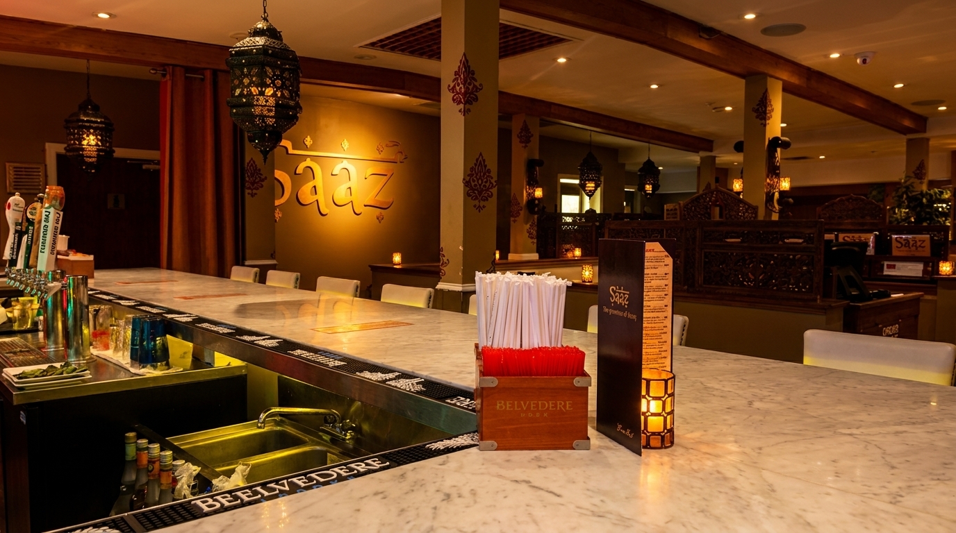 Warmly lit bar area at Saaz restaurant, featuring a marble counter, beer taps, and ornate lanterns.