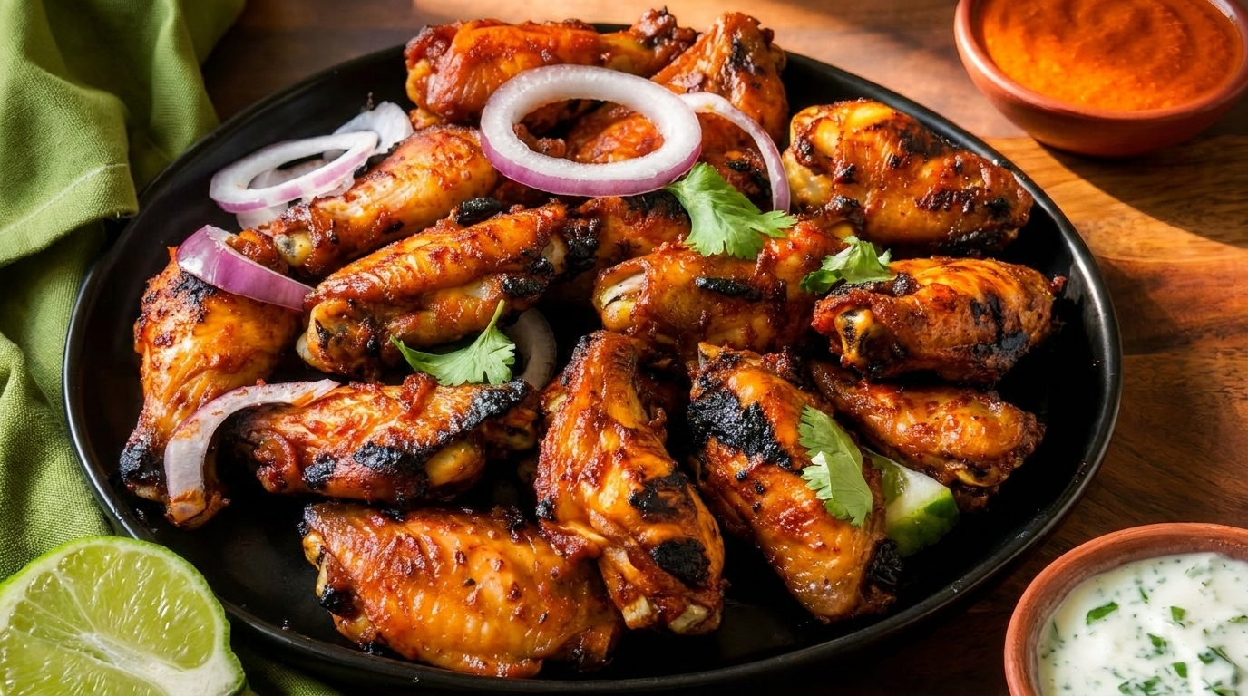 Grilled chicken wings with red onion, cilantro, lime, and dipping sauces on a dark plate.
