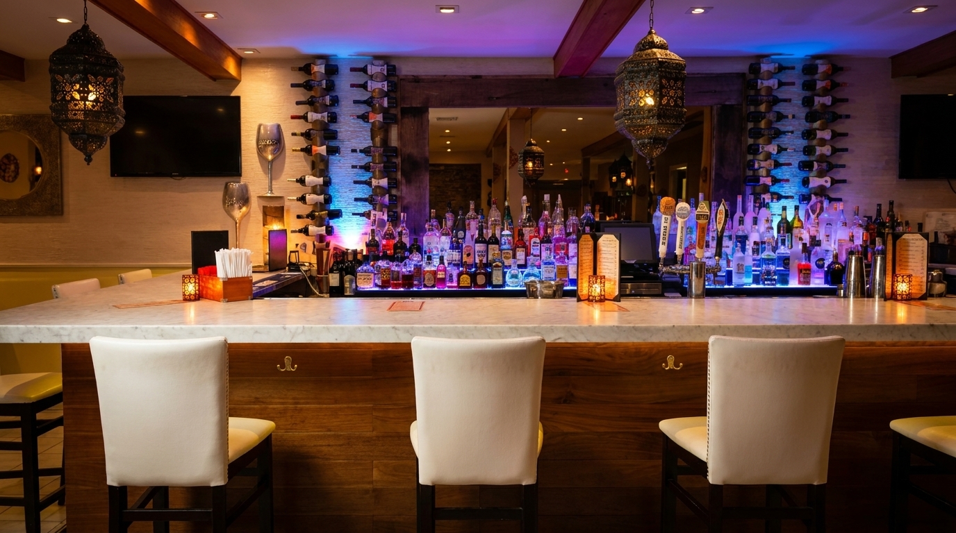 A well-stocked bar with bottles glowing under blue and purple lights, and three bar stools.