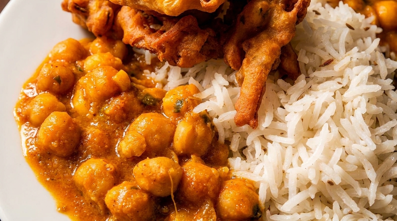 Close-up of chana masala with white rice and fried pakora on a white plate.