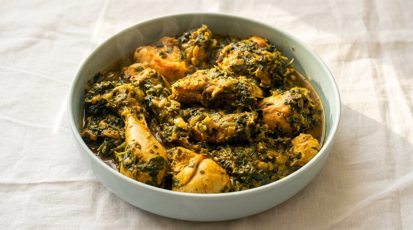 A light blue bowl filled with chicken and spinach stew, on a white tablecloth.