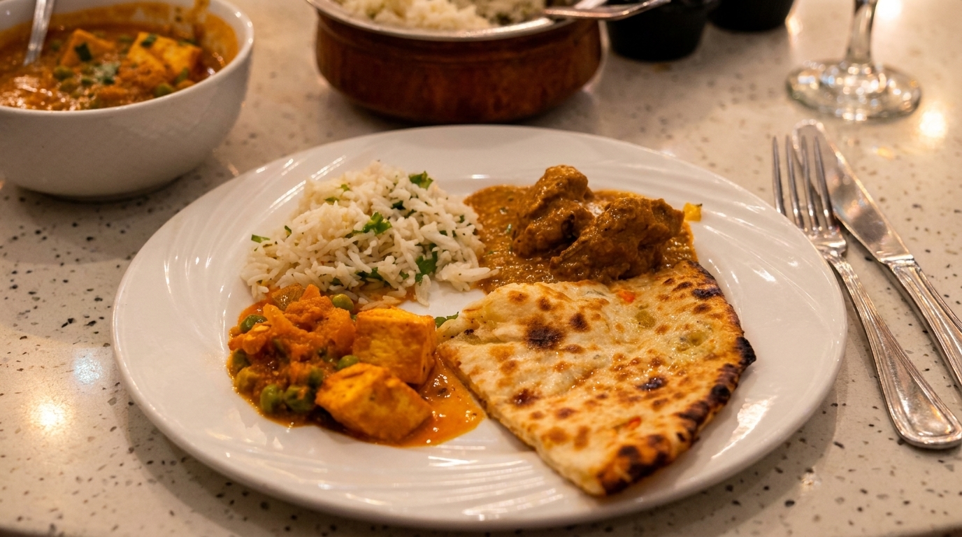 A white plate with Indian food including rice, naan, paneer, and chicken curry.