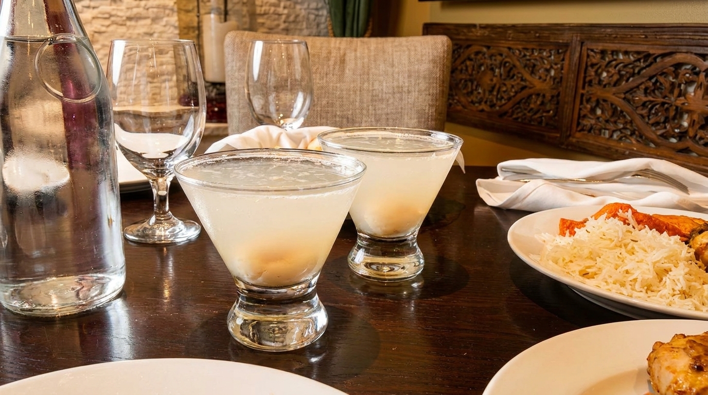 Two cocktails with lychee, a water bottle, wine glasses, and plates of food on a dark wooden table.