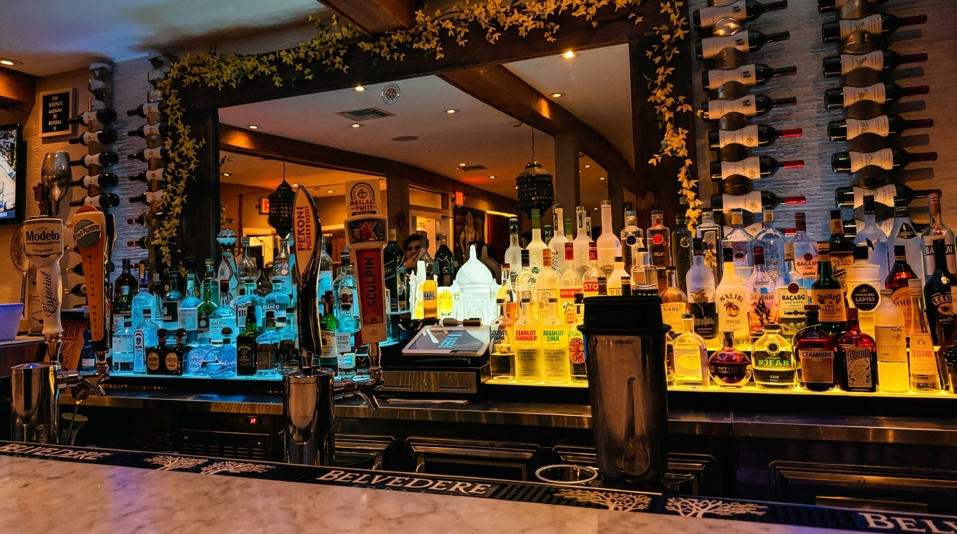 A well-stocked bar with various liquor bottles, beer taps, and wine racks in a restaurant setting.