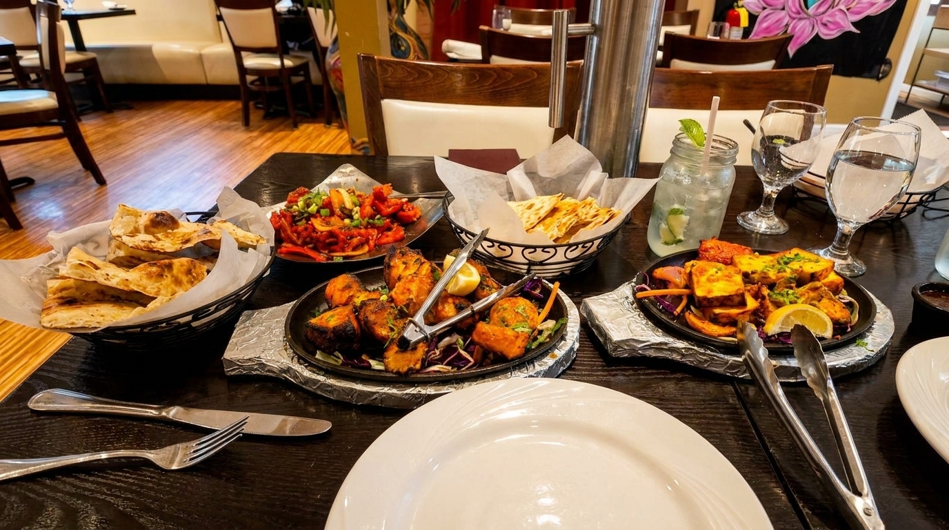 A table laden with various Indian dishes, including naan, paneer, and other entrees, in a restaurant setting.