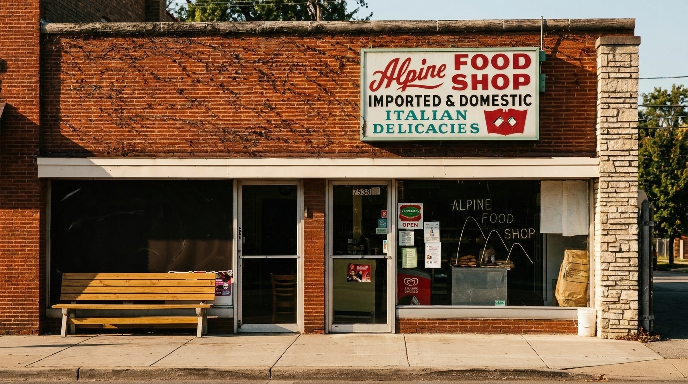 Exterior of Alpine Food Shop, an Italian delicatessen with a brick facade and a wooden bench.