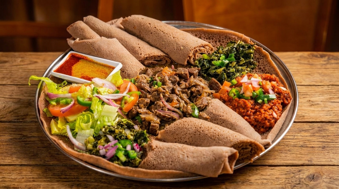 A large platter of Ethiopian injera bread with various stews, meats, and a side salad.