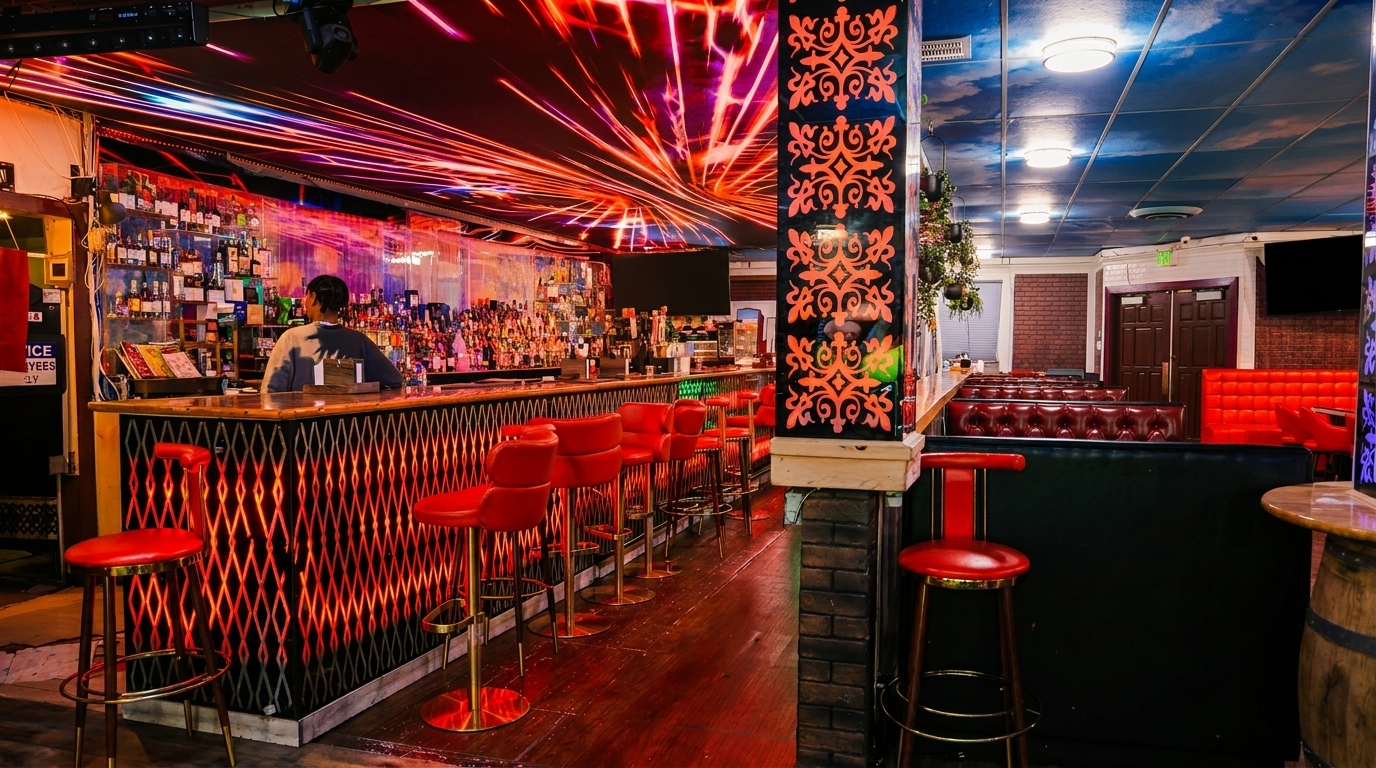 A vibrant bar interior with a bartender, red bar stools, and booths under a neon-lit ceiling.